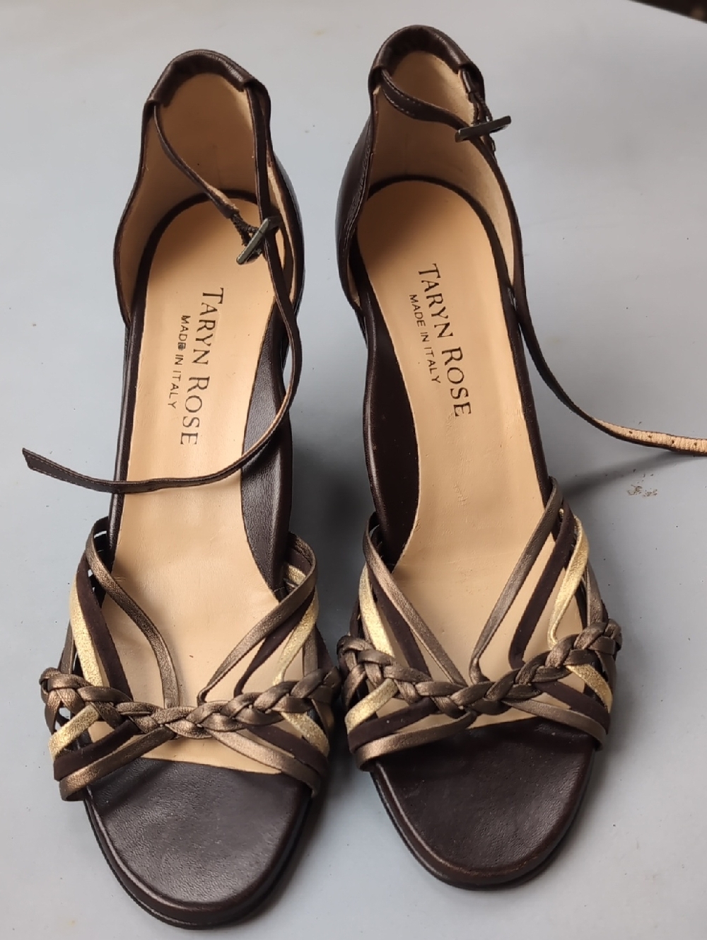 Taryn Rose Brown and Gold Braided Ankle-Strap Heels